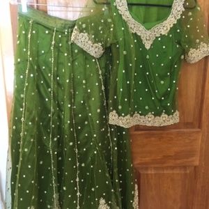 Mossy green & gold Indian skirt, blouse & dupatta set -- Petite small